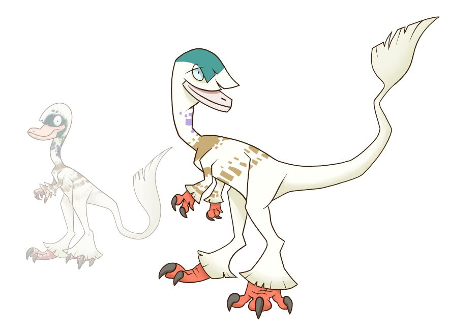 A cartoon Compsognathus in expressive, piebald pigeon colors. To its left stands a previous, lower opacity sketch from which it was refined.