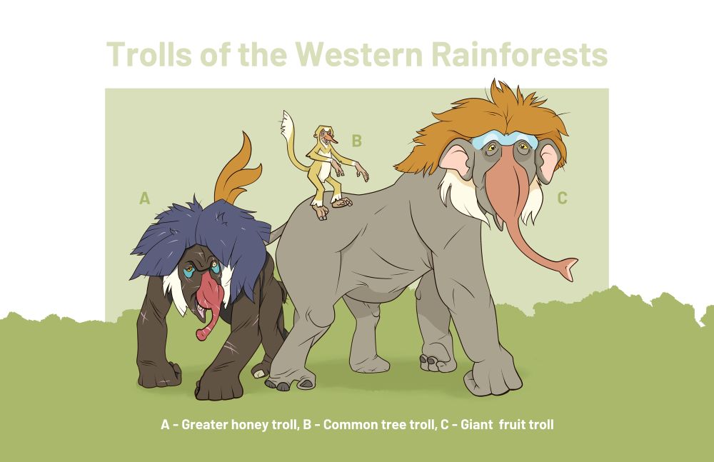 Three trolls from a rainforest biome. The Greater honey troll, Common tree troll and Giant fruit troll all occupy different niches that make use of their various proboscis. These beasts are gigantic primates, but have no external nostrils.
