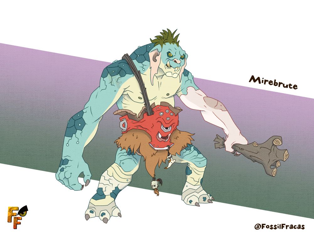 Mirebrute troggoths are hulking, scaled humanoids with large tusks and ears. They spend most of their time marinating in the swamp, eating carcasses and thickening their hide. When captured by the greenskinned orruks, they become mounts for the most bully riders. Despite being harnessed and driven forwards, they hold onto their weapons freely, swinging at anything they feel compelled to. 
