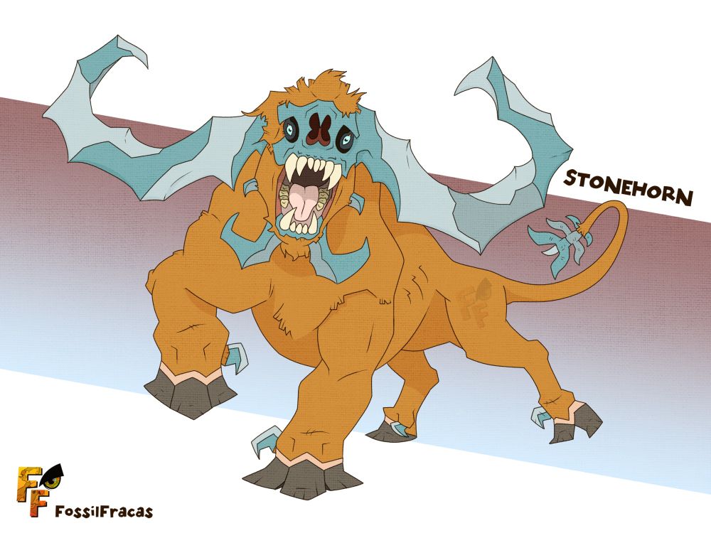 The stonehorn is a massive, hooves monster that blindly charges headfirst into anything that upsets it. With brown fur, and sprawling, twisted horns, a stonehorn shears its flesh off with every collision, revealing the calcified and granite skeleton within. Usually, only the face and skin around its weapons are lost.