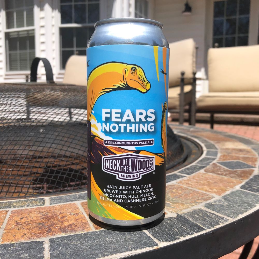 Fears Nothing, a dreadnoughtus pale ale, bears a large yellow and orange sauropod on its can. The beast turns to face the horizon as radiating spirals from the coming asteroid impact begin to project themselves across the sky.