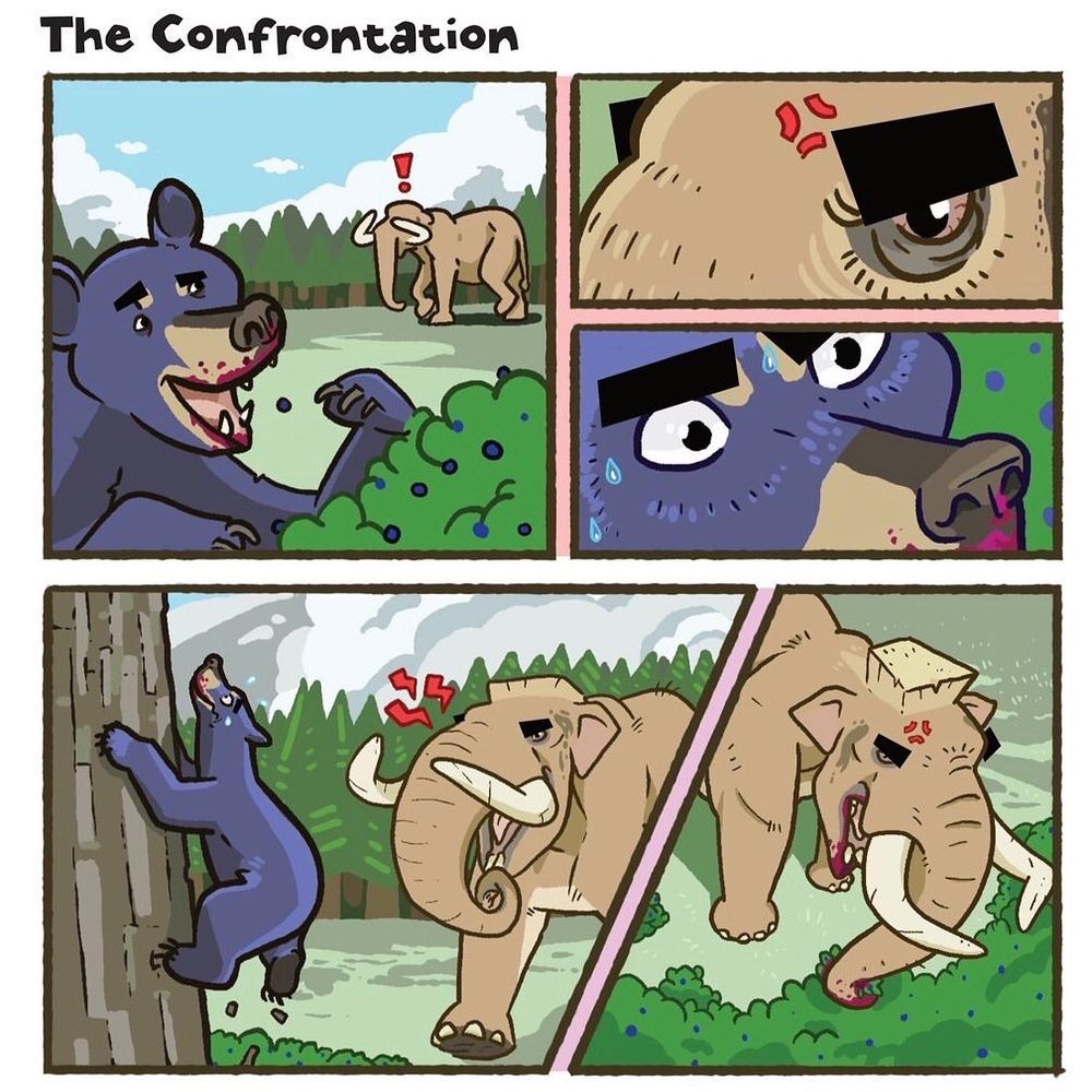 Page one of “The Confrontation”, in which a black bear happily chewing on blueberries unintentionally attracts the attention of a hormonal male mastodon. The mastodon drives the bear up a tree and begins to eat from the bush. 