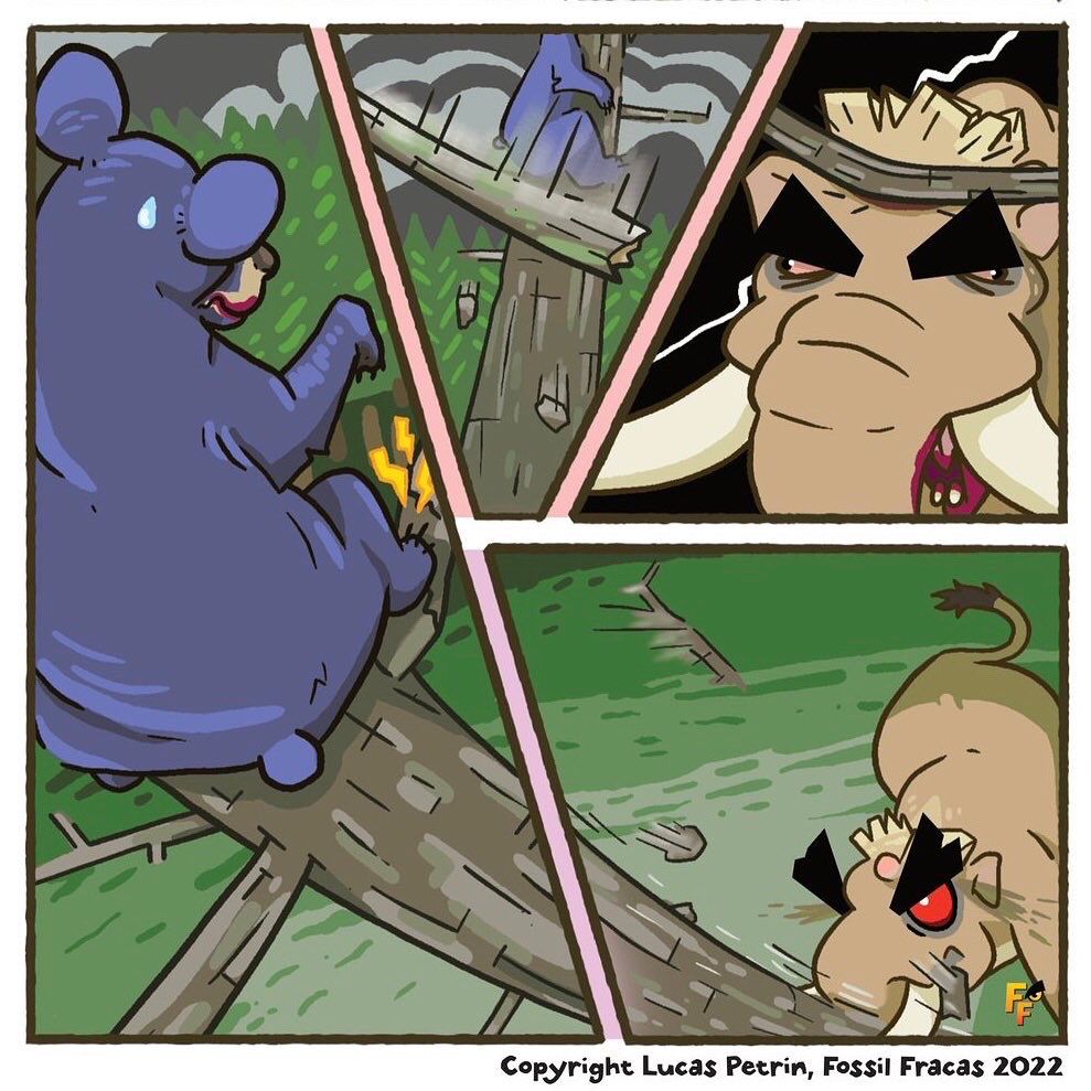 The bear unwittingly cracks a branch in the second page, enraging the mastodon, which attempts to knock the bear from the tree.
