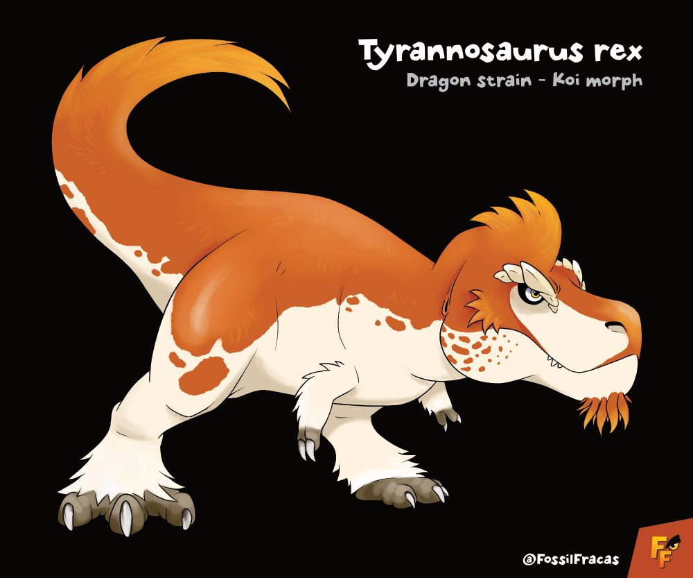 A Designersaur is a dinosaur that has been customized for a particular patron. These curious beasts are all the rage amongst the wealthy. Pictured here: a Tyrannosaurus with baked in koi features and dragonesque touches.