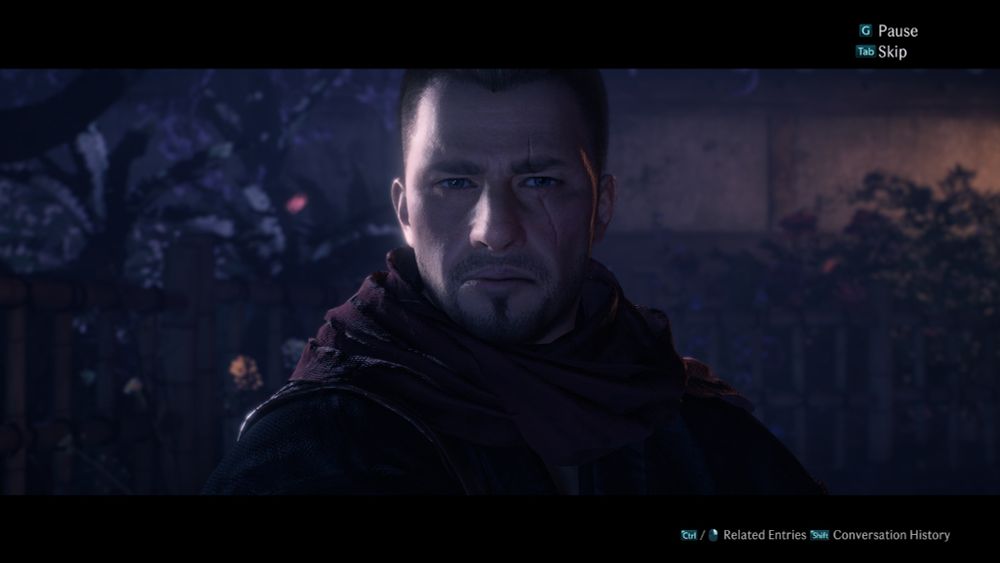 A stern looking (non) player character designed after Soap MacTavish from Cod:MW 09, is staring into the camera pointedly.

He is wearing a dark maroon scarf around his neck and a darkly colored kimono fit.