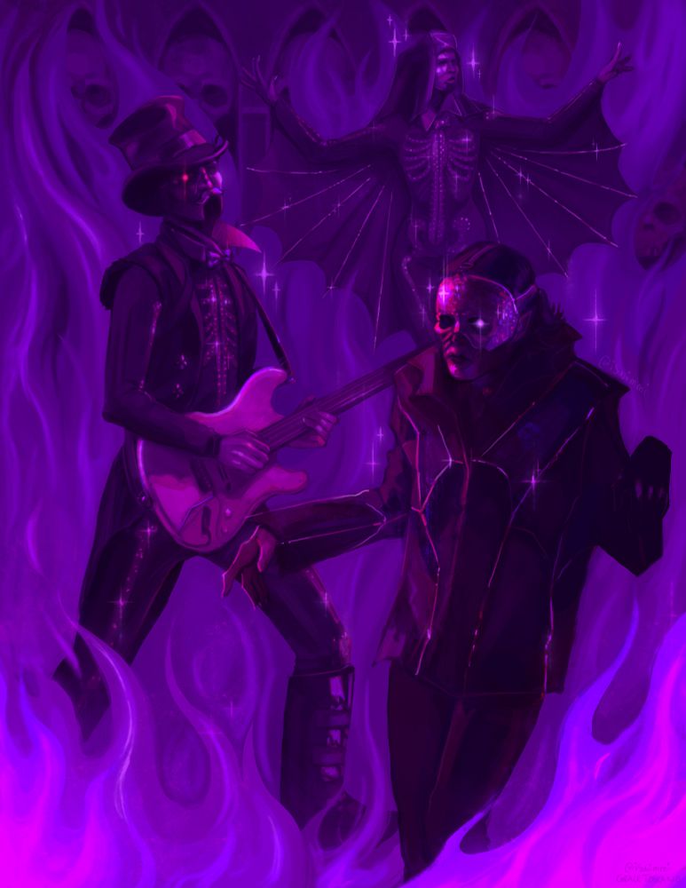 Illustration of Papa Perpetua, Dewdrop/Sodo ghoul, and Haze ghoul.  Purple flames are surrounding them.