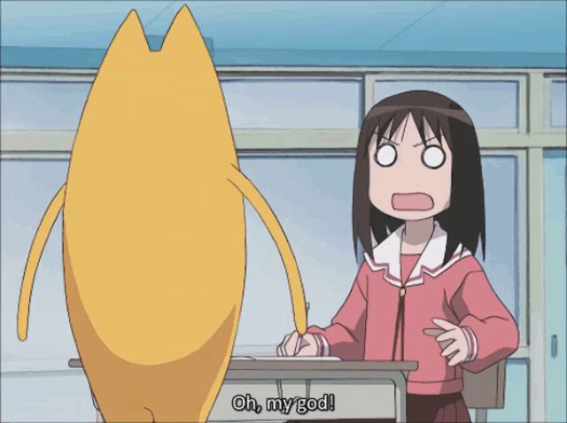 a girl sits at a desk with a cat behind her and the words oh my god on the bottom