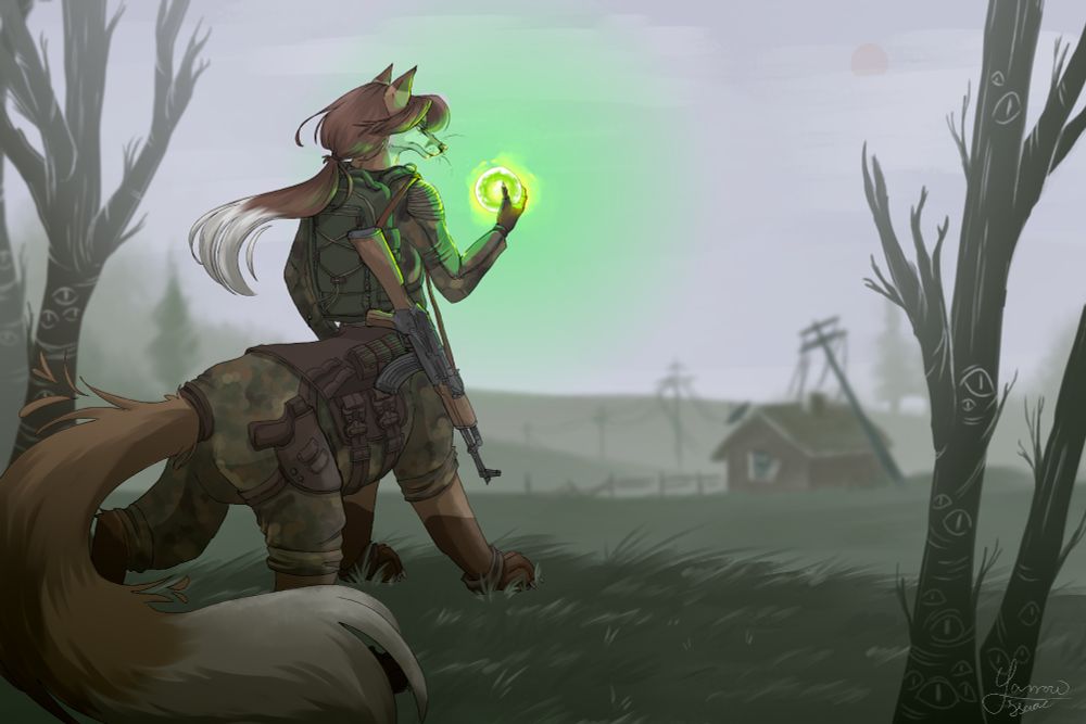 A S.T.A.L.K.E.R. themed digital commission artwork which has the main focus on a taurfox character in freedom uniform. The scene is a grassy meadow with a few trees. The fox appears in the foreground between leafless trees, holding the Heart of the Oasis artifact and having his gaze on it. He is also wearing a rifle on his shoulder, a backpack and a gun in a thigh holster on his hind leg. The character belongs to Rawca. In the blurry background there is a rundown house, some broken fences, and electricity poles. One of the poles has fallen onto the house. There are some pine trees in the far background. The whole scenery is pretty gloomy and mainly has gray and greenish colors.