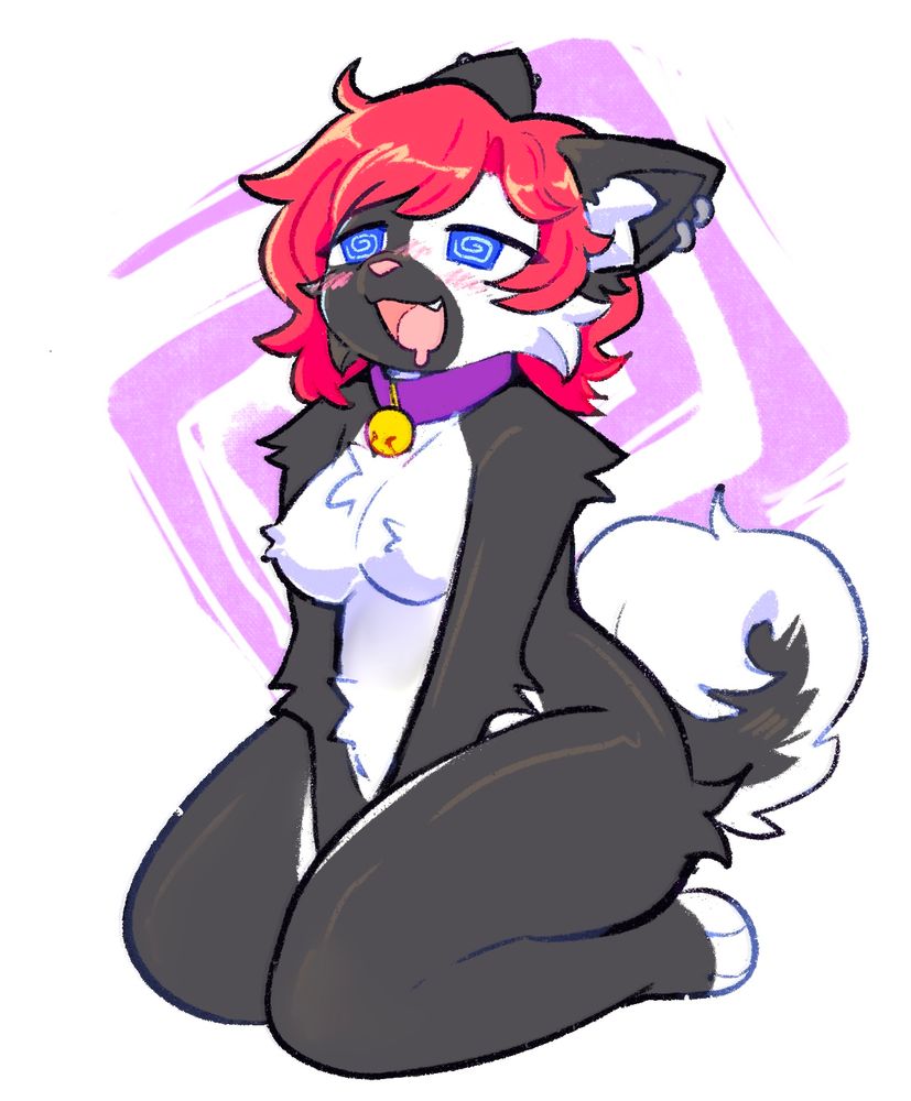 Cyb on her knees with a delightfully black expression on her face, mouth hanging open and eyes all in spirals