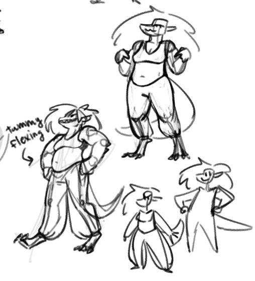 More digital sketches. The dragon character makes a nonchalant pose, pointing at himself. The dragon struts with his hands curled into proud fists on his hips and flexes his soft stomach with a smile, angled as if viewed from below. A caption says, “tummy flexing”. The same little proportion cartoons are nearby.