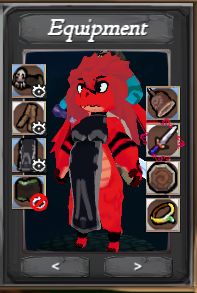 A picture of an in-game player character from the game Atlyss. The character is an anthropomorphic red dragon with babydoll proportions and massive hair, breasts, and tattoos. He is wearing a black dress.