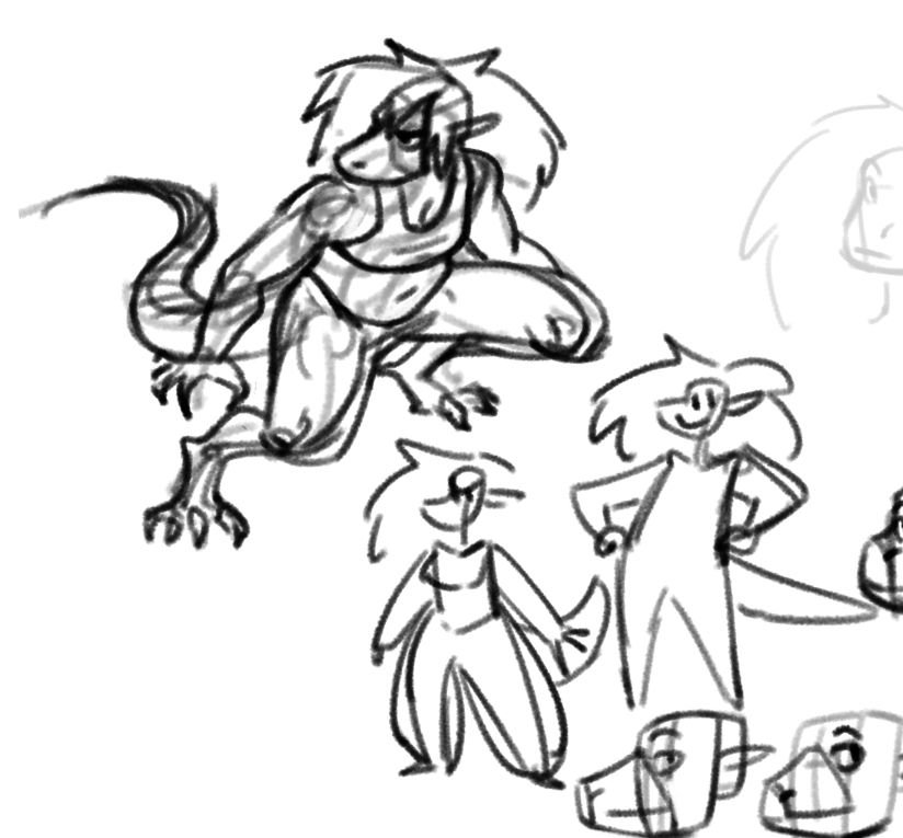 A page of digital sketches of the dragon character with realistic proportions, wearing nothing but a sports bra and puff pants. He crouches in a dynamic pose, as if sensing danger. There are little cartoon sketches around it, working out proportions.