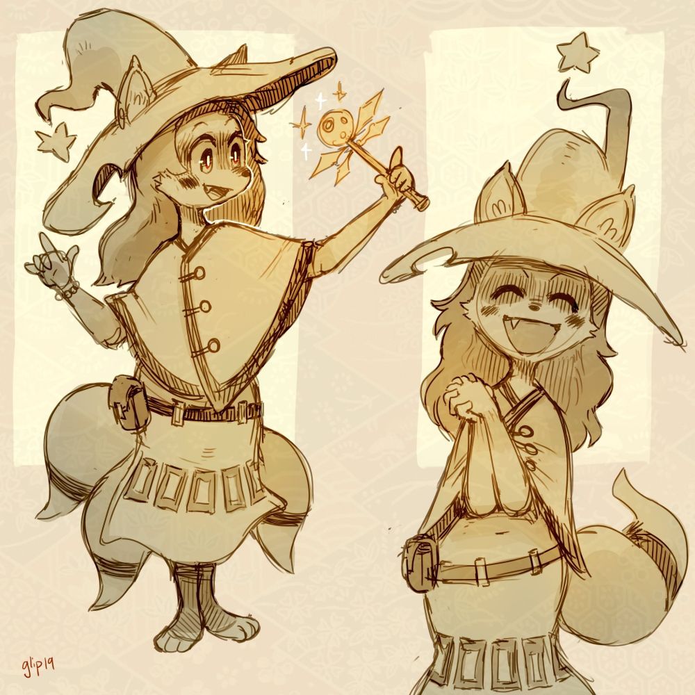 two sepia drawings of a cartoony anthropomorphic raccoon girl wearing a witch outfit. in one she is holding a wand tipped with a cookie in front of her face, in the other she is clasping her hands together and smiling at the viewer