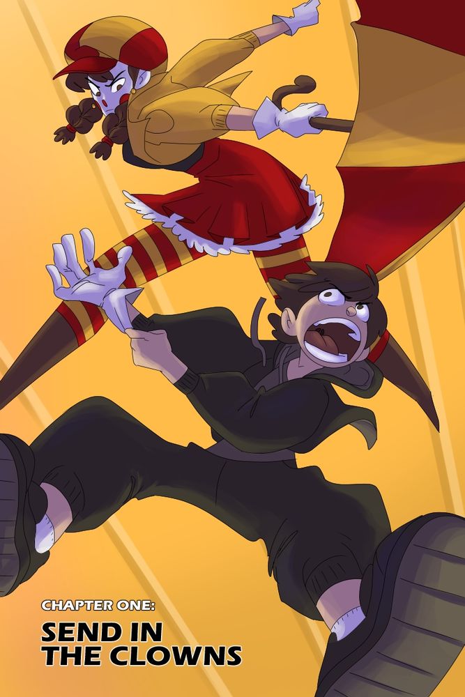 cover for the first chapter of Clown Corps. A clown woman in a red and yellow outfit wielding an umbrella is chasing after another woman. they appear to be in freefall. the clown looks focused while the other woman appears to be panicking