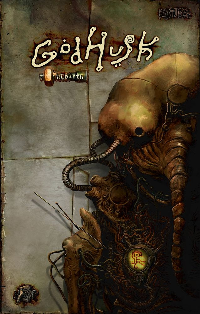 Cover of the book Godhusk, showing a misshapen robot body standing in front of a metallic wall. It looks worn and slightly rusted with no obvious analogues to human sensory methods. It has a screen on its center mass displaying an abstract glyph