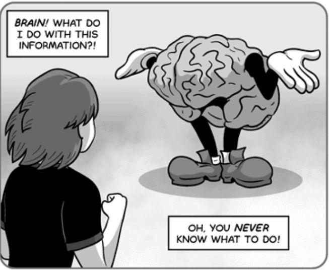 screenshot from a page from the comic El Goonish Shive. It shows a teenage boy looking at a cartoony brain, the brain has arms and legs and appears to be shrugging.
the teen is saying in two boxes: "Brain! What do I do with this information?!" and "Oh, you never know what to do!"