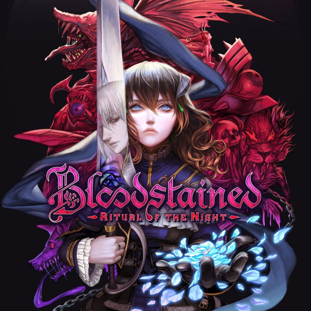cover of the game Bloodstained Ritual of the Night. It shows a woman in a blue outfit holding a sword on one hand and a blue rose on another. a white-haired man can be seen reflected on the sword. behind her a variety of monsters are are arranged to frame her. the monsters are all in red hues to contrast with her outfit.