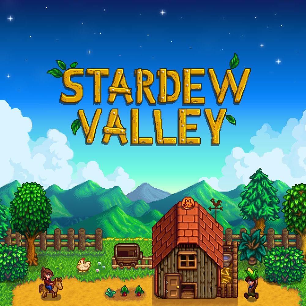 Pixel art of a farm view showcasing a barn, some tilled land, and two farmers, one holding an ear of corn over his head and another riding a horse. Mountains can be seen in the far distance, and in the sky text resembling wodden planks reads "Stardew Valley"