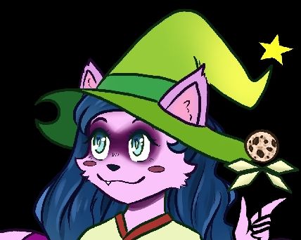 headshot of an anthro pink raccoon with long wavy blue hair wearing a green witch hat and holding a magic wand tipped with a cookie