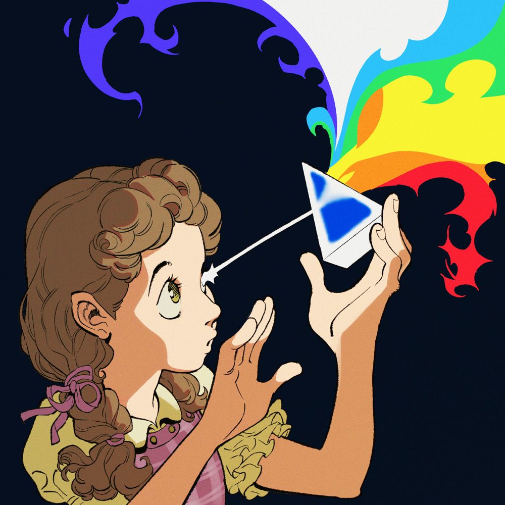 A young woman, Dorothy Gale, holds a prism. The prism is refracting white light into a rainbow. 