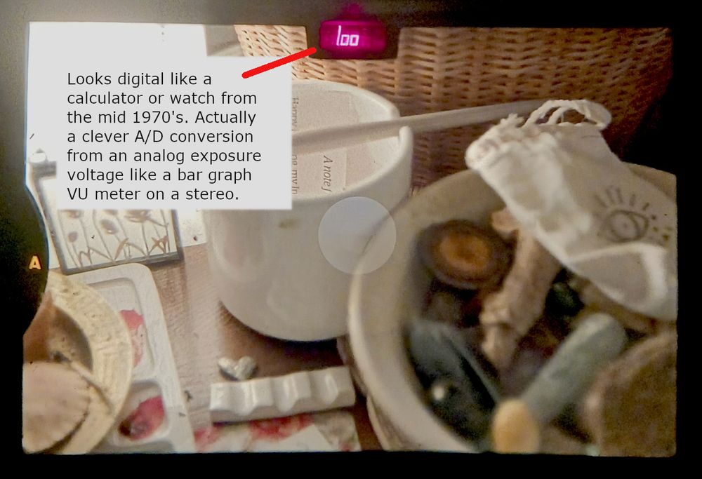 Fujica ST901 camera viewfinder with LED shutter speed display.  The A/D conversion could not show fractional values like 125 or 250, so you used the display as an approximate shutter speed readout.  Shutter speed was actually analog step-less in auto exposure.