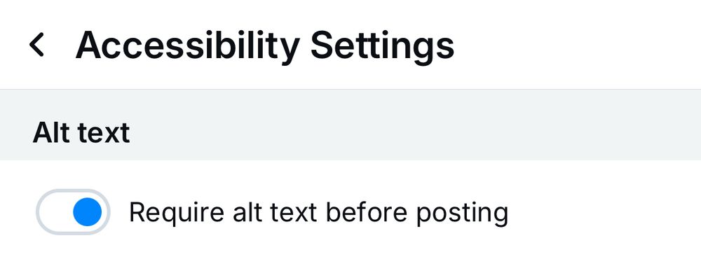 A screenshot of the accessibility settings with the slider turned on for require alt text before posting.