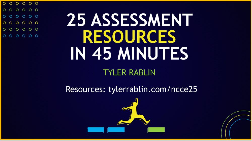 A screenshot of a slide that says 25 Assessment Resources in 45 Minutes with Tyler Rablin’s name below it.