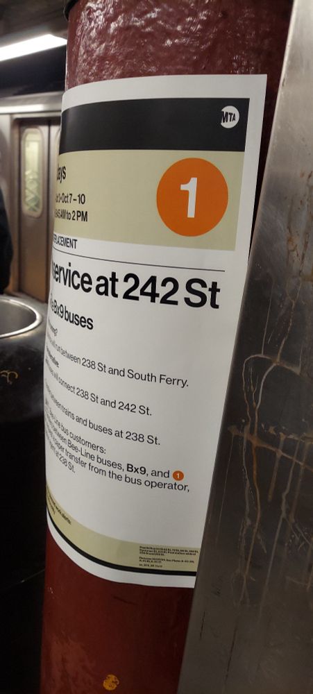 subway service alert poster, seemingly their printer was out of ink because the 1 bullet is bright orange, basically the same color as 6th avenue services (b,d,f,m trains)