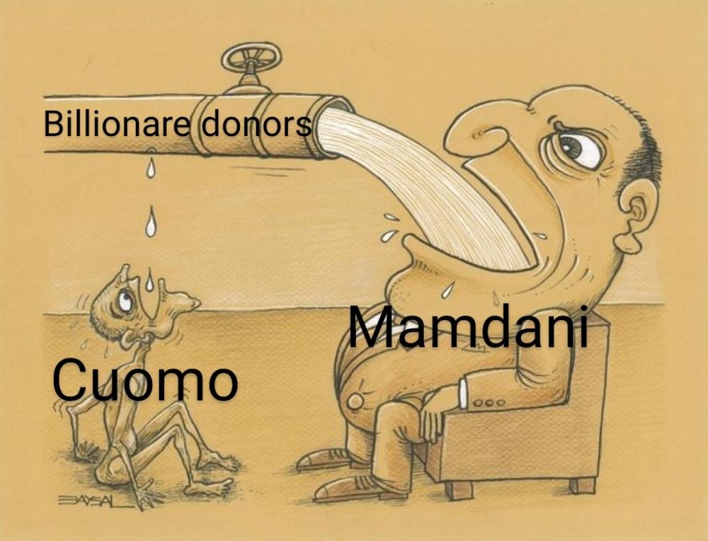 fat man water meme with billionares leaving cuomo dry so they can donate to mamdani