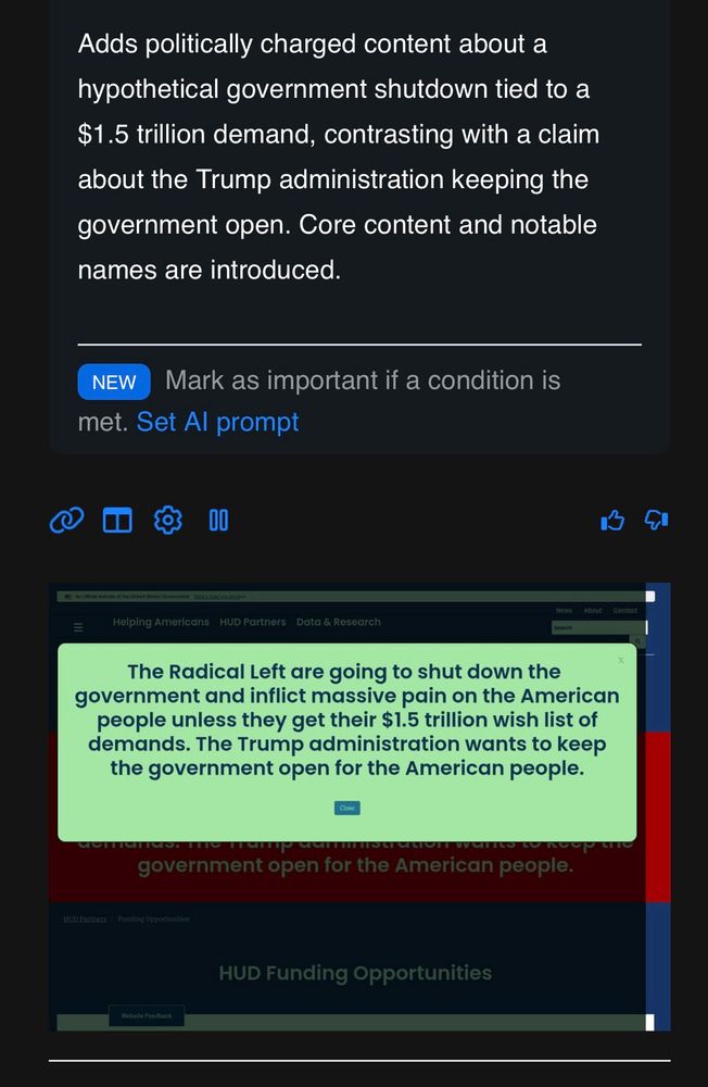 Screenshot of HUD website. The popup reads “The Radical Left are going to shut down the government and inflict massive pain on the American people unless they get their $1.5 trillion wish list of demands. The Trump administration wants to keep the government open for the American people.”