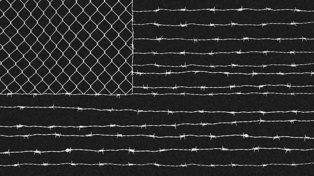 Illustration of an American flag. The stars are a chain link fence and the stripes are barbed wire. 