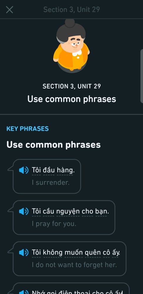A Duolingo unit entitled "Common Phrases" with sentences like "I surrender." "I pray for you." "I don't want to forget her." 