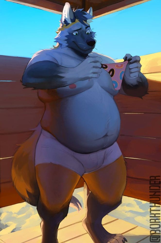 A large fat fox is in a public beach changing booth holding a tiny speedo that has zero chance if possible covering his junk.

Artist is BorkThunder
