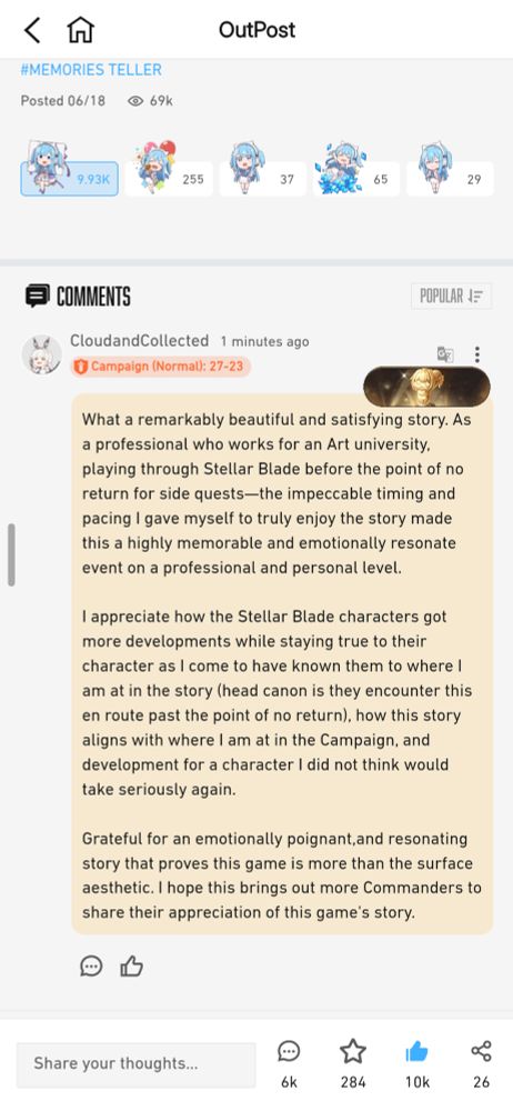 The recent collaboration event with Stellar Blade had an excellent story. So good, it had me utilize their official social media platform to express that.