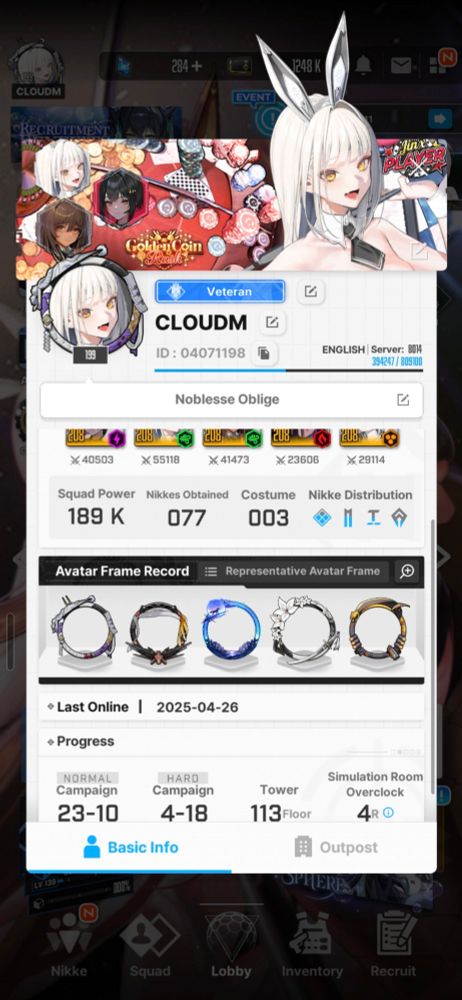 My profile in Nikke: Goddess of Victory.

The "777" Squad as my profile banner, with one of them being my in-game picture and representative unit.

 A lot of F2P-ers get stuck leveling their units at 160, and need to get 4 total copies of a unit to level up to Level 200. There is a mechanic that allows units to sync levels of the 5 most powerful units before 200, then unifies them to go beyond 200 (a limit that increases for every unit added to the sync system and therefore the game if one were to synch all their available units).

Once players get over that wall, it gets progressively easier to start progressing the plot. 

The units' base power, ability power, equipment, and many other mechanics all grow exponentially it seems.