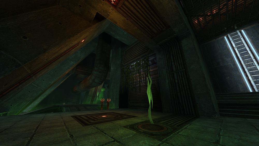 Screenshot of a Quake level for Concrete brutalism jam 3. A retro first person shooter video game.