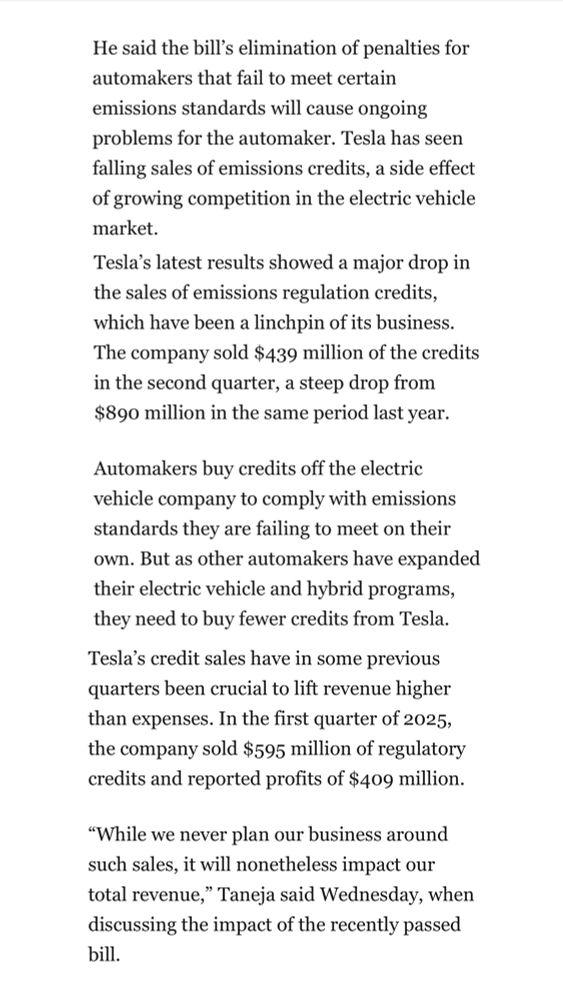 Portions of a Washington Post story explaining why the end of emissions credit sales to other automakers could spell trouble for Tesla.
