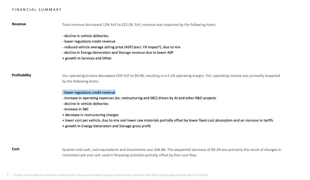 A screenshot of Tesla's financial summary from its Q2 earnings report, showing "lower regulatory credit revenue" listed at a primary factor in the the profit decline