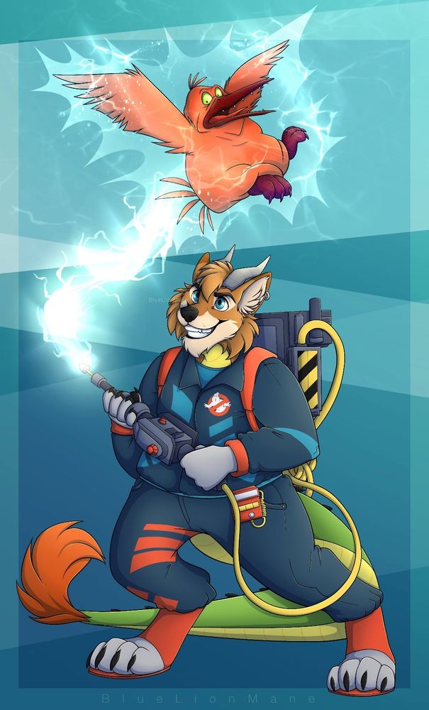 In the image is Spyke Tyranno, an anthropomorphic jackal-dragon hybrid. Spyke is wearing a Proton Pack and a Ghostbusters uniform similar to the one worn by Ray Stantz in the Kenner Toys line-up: The Real Ghostbusters Power Pack Heroes. In the hybrid's hands is the Neutrona Wand as a Proton Stream fires from the Wand and surrounds the reddish-orange bird ghost. The ghost, named Precious (from the Real Ghostbusters episode, "Mrs. Roger's Neighborhood), is shocked that it's being snared by the Proton Stream. Spyke has a smile on his face as he captures the troublesome ghost.