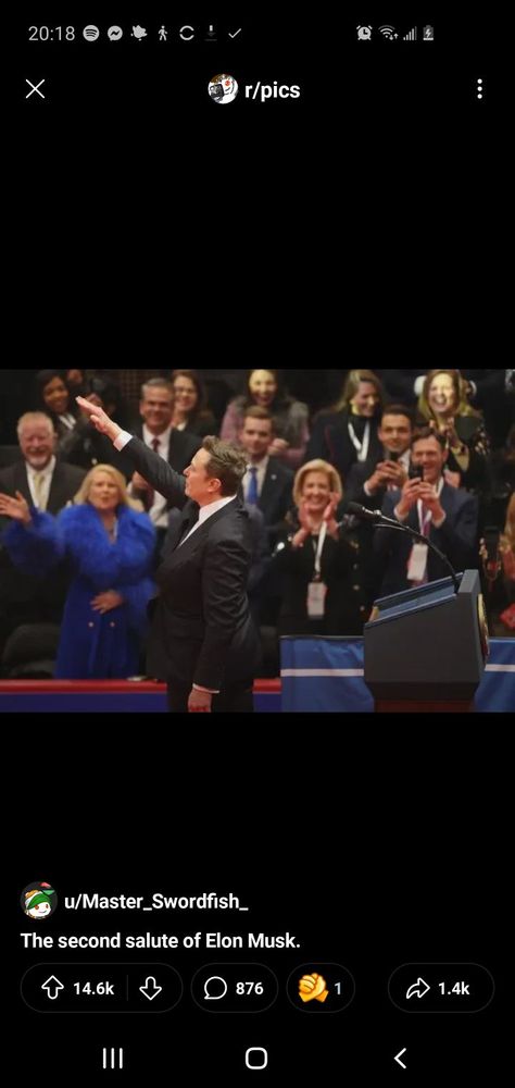 Elon Musk, noted incel dorkling, throws up a Nazi salute to pledge his life and honor to his dark master, Donald Bloaticus Trump, in a bizarre humiliation ritual in which the world's richest man cravenly submits himself to mastery by a doughy geriatric in a spray tan, all because his oldest daughter came out as trans and roasted him on social media. 