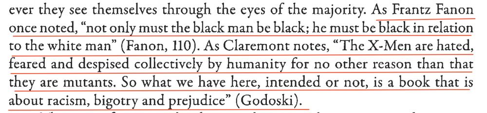 Text that connects Frantz Fanon with ideas of X-Men author Chris Claremont about the fact that the X-Men is about racism, bigotry, and prejudice.