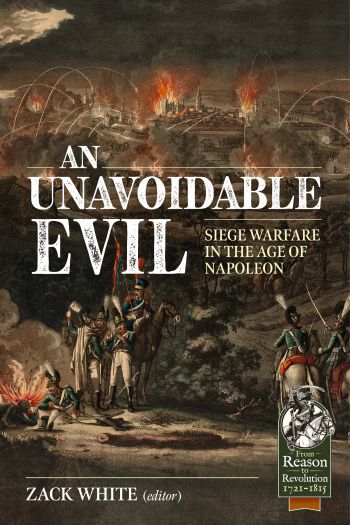 Cover of book entitled An Unavoidable evil. Cover shows a city under bonbardment with some soldiers by a fire in the foreground.