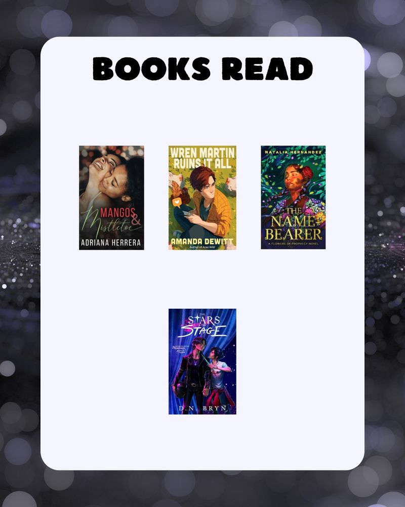 Books read:
Mangos & Mistletoe
Wren Martin Ruins It All
The Name Bearer
The Stars and The Stage