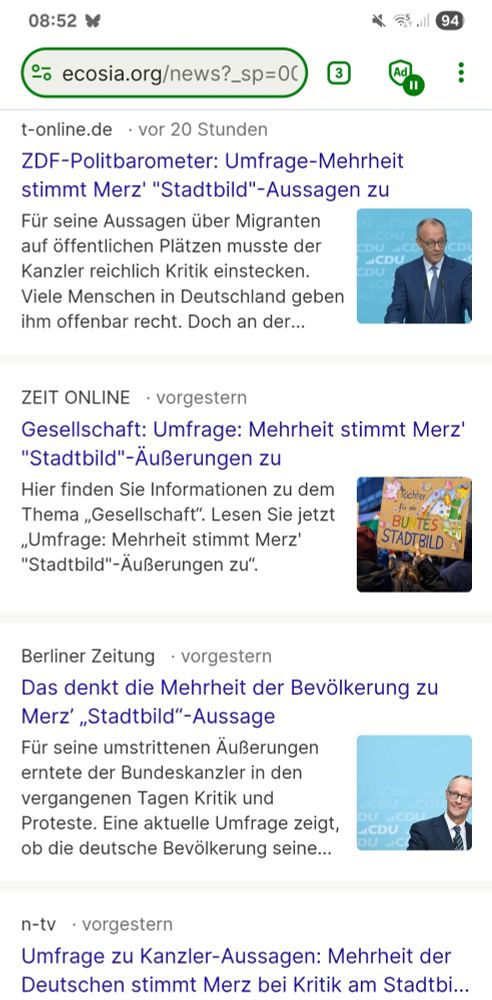 Screenshot von einer Anfrage in einer Suchmaschine. Die ersten vier Treffer sind t-online, Zeit online, Berliner Zeitung, ntv. Überall steht in der Überschrift, dass die Mehrheit der "Stadtbild"-Aussage vom Kanzler zustimmt. 
