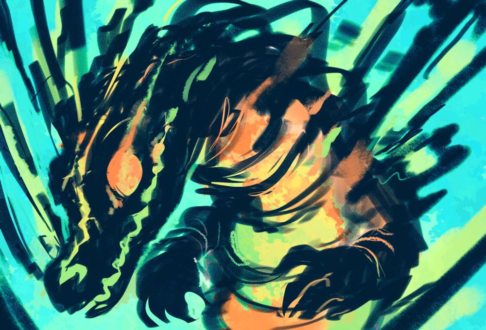 scribbly rough painting of a crocodilian creature that's a dark color exploding with orange, green, yellow