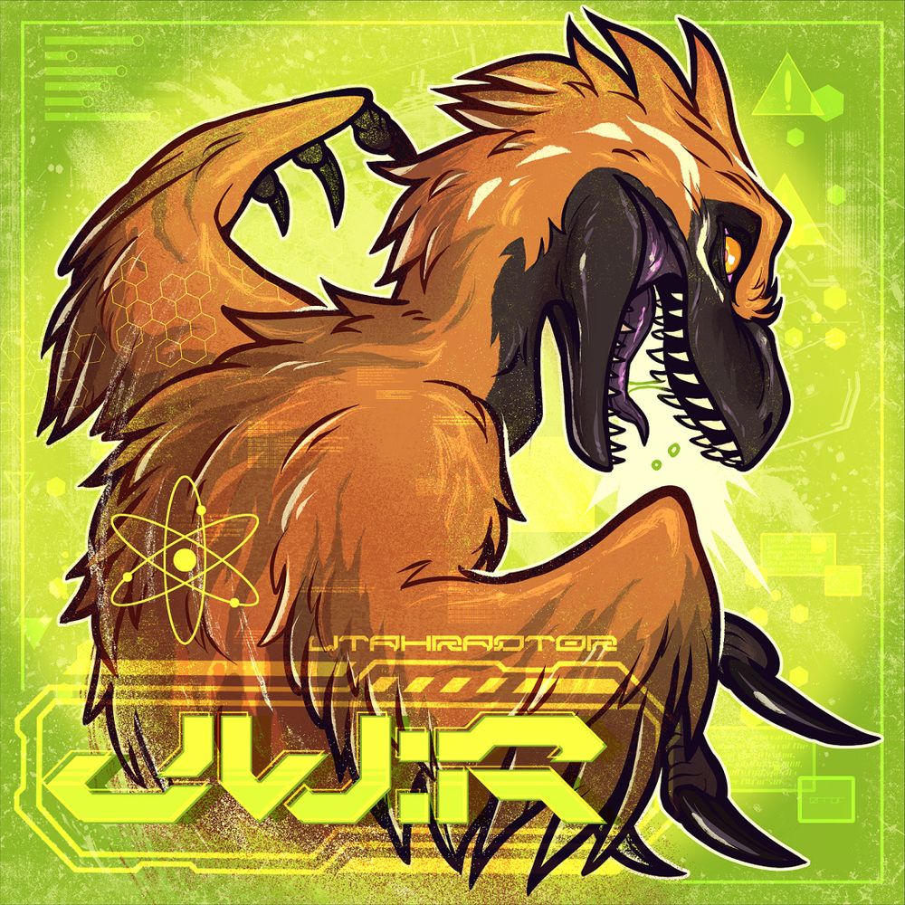 A graphic illustration of the utahraptor from the Jurassic World toyline, it has rusty orange feathers, dark black scaly muzzle/claws, with some white markings and is opening its feathered arms. The text reads "UTAHRAPTOR  JW:R" and the background/design of the image is hardcore mellow yellow kid's backpack y2k vibes in lime green and neon yellow