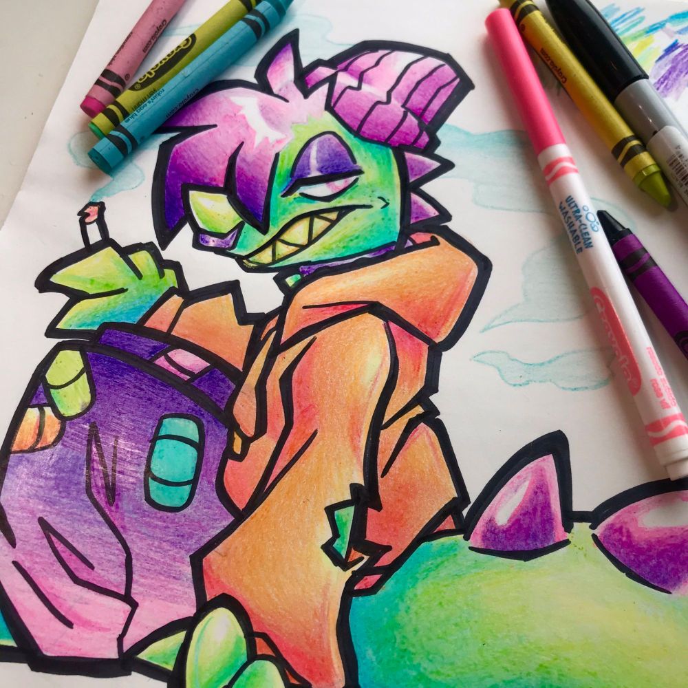 A crayon and marker drawing of a bright green dinosaur with purple spikes wearing a pink beanie, orange hoodie, and purple/pink pants