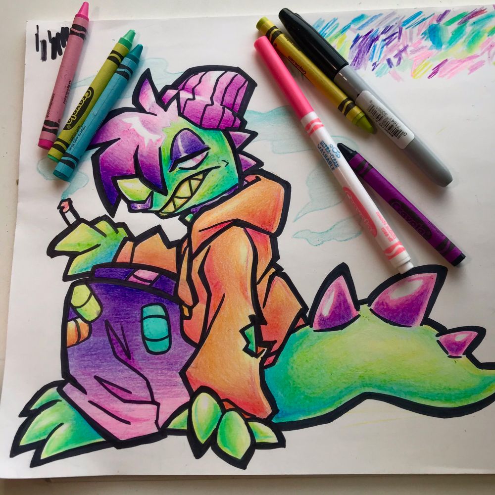 A crayon and marker drawing of a bright green dinosaur with purple spikes wearing a pink beanie, orange hoodie, and purple/pink pants