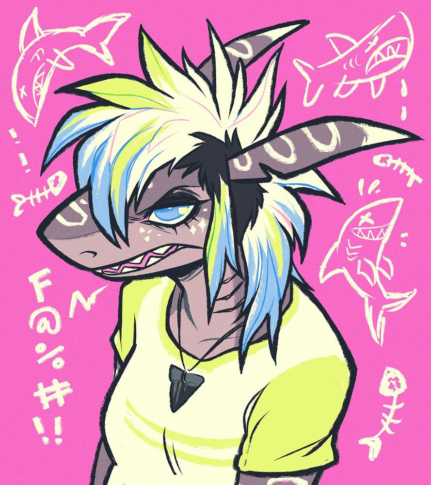 A anthropomorphic shark woman looking disgruntled saying "F@%#!" She has warm grey skin with lighter grey counter shading, white markings that are in an "0" shape, and a choppy mullet/mohawk that's white with lime green and bright blue streaks.