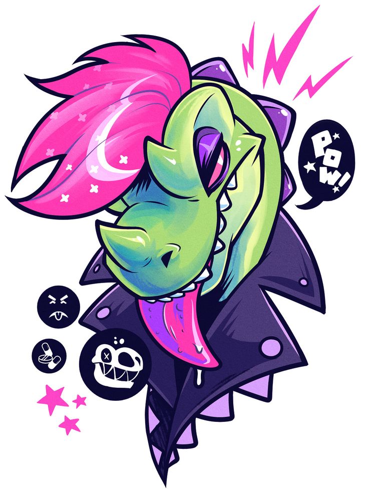 A bust of a green Ceratosaurus-like cartoon dinosaur with pink hair, eyes, and tongue wearing a leather jacket and sticking its tongue out. 
